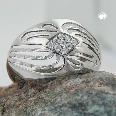 Produktbild von Gr. 58 - Ring 12mm mit Zirkonias glänzend diamantiert rhodiniert Silber 925 Ringgröße 58