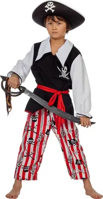 A child dressed as a pirate, holding a toy sword.