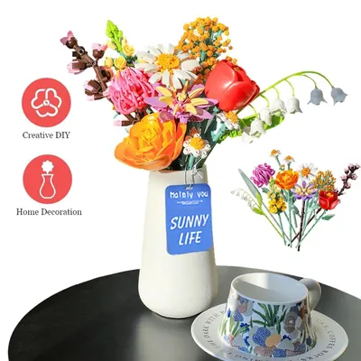 Image de Kits de construction de bouquets de fleurs, jouets de construction, kit de création de fleurs en blocs de construction avec vase, modèle 1070x