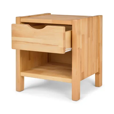 A wooden nightstand with one drawer partially open, shown against a white background.