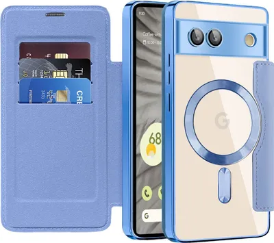 Obrázek produktu pro Pouzdro pro Google Pixel 7A kompatibilní s MagSafe, průhledné pouzdro s držákem karet, kožené pouzdro s ochranou kamery Světle modrá