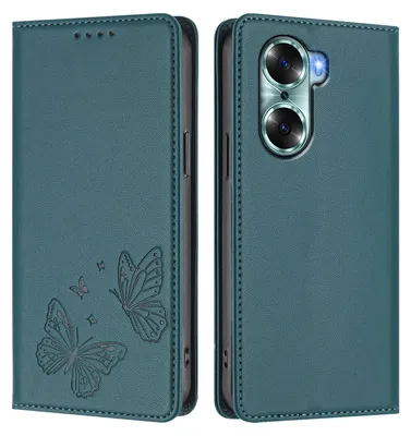 Obrázek produktu pro Kožené pouzdro pro Honor 60, motýlí ražbou, peněženkové flip pouzdro se stojánkem Zelená