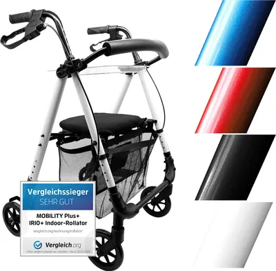Produktbild von Leichter Indoor Rollator IR10+ Weiß - Wohnungsrollator schmal & faltbar - inkl. Rückengurt, Netztasche & Tablett - MOBILITY PLUS+