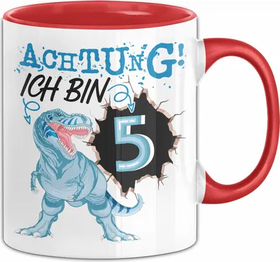 Produktbild von 5. Geburtstag Geschenk Tasse Becher Jungs Sohn T-Rex Geburtstagsgeschenk Dinosaurier Achtung Ich bin 5 (Rot)