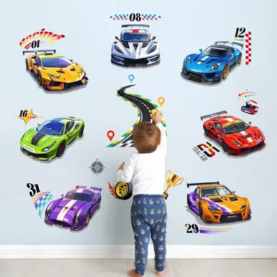 Produktbild von Wandsticker Racing Cars 7 Stk, mit Rennstrecke, für Kinderzimmer, Vinyl