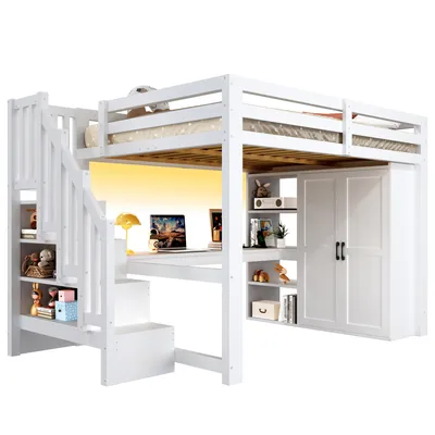 Produktbild von Hochbett mit Schreibtisch, RGB LED-Streifen, USB, Kleiderschrank, Rausfallschutz, 140x200cm, Treppe mit Regal, Kinderbett, Kiefer