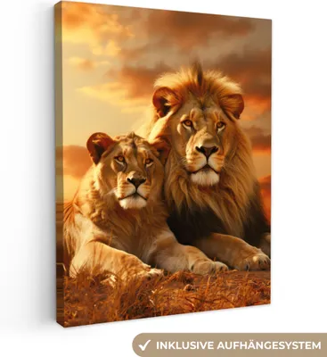 Produktbild von Wanddeko 30x40 cm - Tiere - Löwen - Sonnenuntergang - Afrika - Savanne, Deko Wohnzimmer, Bilder, Wanddeko