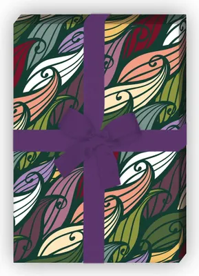 Produktbild von Schickes 70er Jahre Geschenkpapier zum Einpacken mit Wellen Federn, grün - G10226, 32 x 48cm