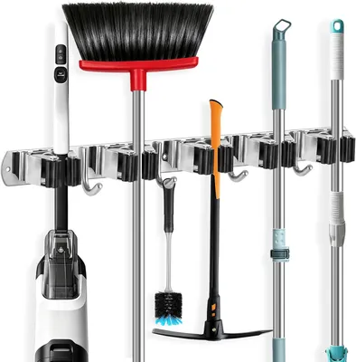 Produktbild von Wandhalter für Besen und Mopp, rostbeständig, mit mehreren Haken, für Küche und Garage