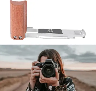 Immagine prodotto di Impugnatura con supporto a L per fotocamera, compatibile con Fujifilm X E5, impugnatura in legno, lega di alluminio, piastra a sgancio rapido, argento
