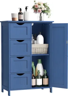 Produktbild von VASAGLE Badschrank, mit 4 Schubladen, Aufbewahrungsschrank, verstellbare Ablage, 30 x 55 x 82 cm, modern, blau
