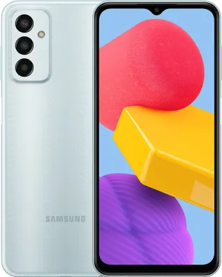A light blue Samsung Galaxy M13 4G smartphone is shown from the front and back.