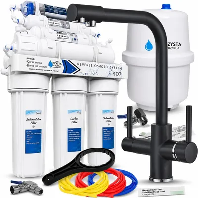 Produktbild von Wasserfilter Set RO7 mit 3-Wege Küchenarmatur Ari Venom 1 Schwarz Chrom, 7-stufige Osmoseanlage mit Mineralisierung
