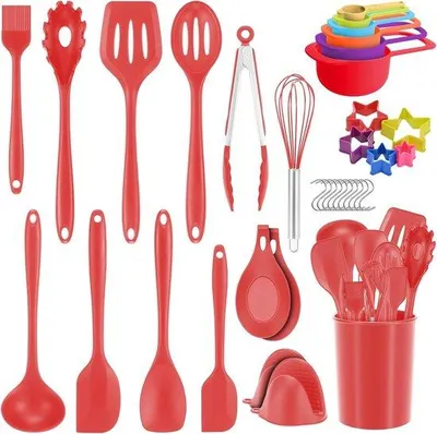 Immagine prodotto di Set di utensili da cucina in silicone - 36 pezzi - resistente al calore - rosso - utensili da cucina - spatola - cucinare - friggere - mescolare