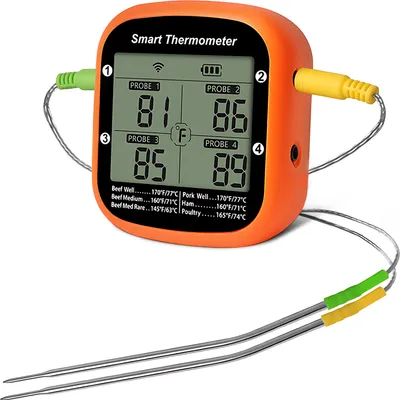 A digital meat thermometer with four probes, showing temperature readings for different probes and meat types.