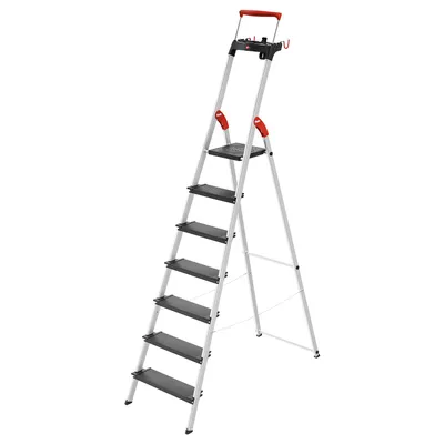 Produktbild von Hailo L100 Topline Alu-Sicherheits-Stehleiter - 7 XXL-Stufen bis 150 kg - Stehleiter mit ausziehbarem Haltebügel, Plattformverriegelung - viel Zubehör - klappbare Aluleiter  Germany - schwarz