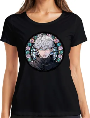 Obrázok produktu pre Gojo Satoru Jujutsu Kaisen Biele vlasy Modré oči Anime Darčekové dámske tričko, čierne, 3XL