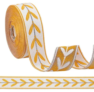 Jacquardband 10,94 m, 3 cm, geborduurt, Blattmuster, weiß-orange