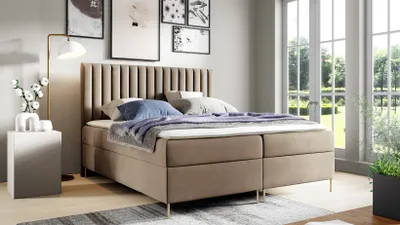 Produktbild von Sofello Boxspringbett Modern 160x200 Bett mit Bettkasten und eingebauter Matratze + Topper Beige Velour Samtstoff Velvett goldene Beine