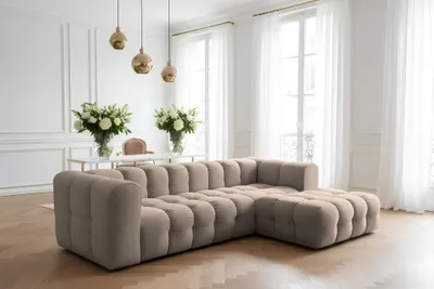 Produktbild von Ecksofa Designersofa SOLVIE in Stoff Tiffani Taupe Ottomane Rechts