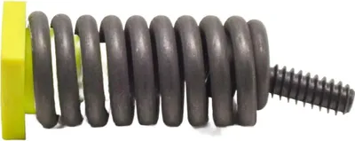 A close-up of a spring with yellow and green components and a threaded end.
