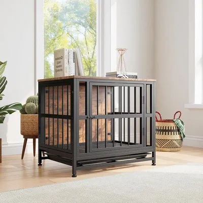 Produktbild von Hundebox aus Holz mit Metallrahmen - Rustikale Hundeunterkunft - Klein