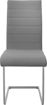 A front view of a gray dining chair with a metal frame.