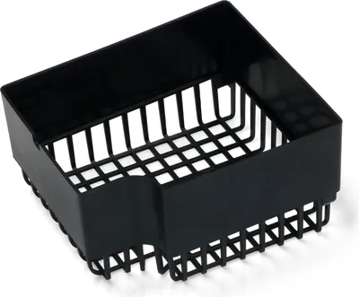 A black plastic basket with a grid pattern on a white background.