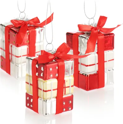 Three Christmas tree ornaments shaped like stacked gift boxes.