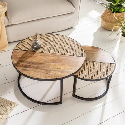 Produktbild von riess-ambiente 2er Set Couchtisch VIENNA LOUNGE 70cm rund Mangoholz massiv Wiener Geflecht Metall schwarz Beistelltisch Tisch