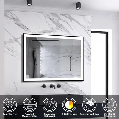 Produktbild von AICA LED Wandspiegel 100x60cm Beschlagfrei Touch/Wandschalter 3 Lichtfarbe +Dimmbar Badspiegel mit Beleuchtung Badezimmerspiegel mit Schwarz Rahmen IP44