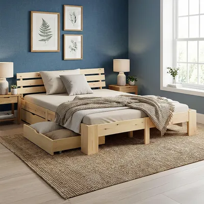 Produktbild von Homestyle4u Holzbett 140x200 mit 2 Schubladen Natur Doppelbett mit Lattenrost Bettkasten