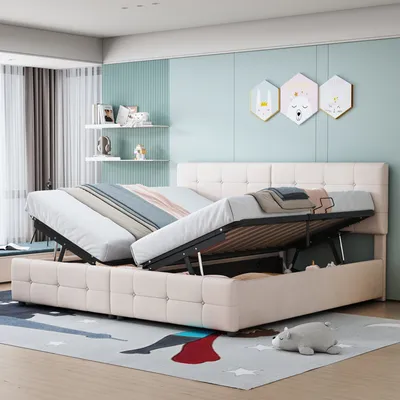 A bedroom scene with a bed that has storage space underneath. The bed is made up with bedding and pillows.