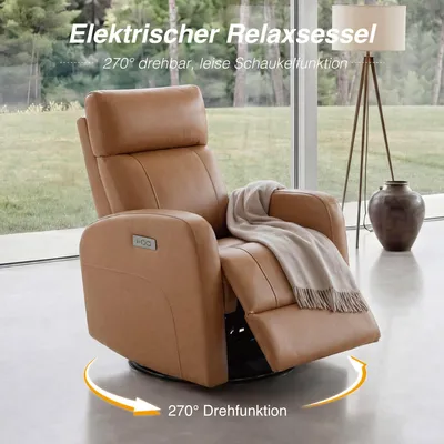 Produktbild von CHITA Elektro-Relaxsessel mit 270°-Drehung und Schaukelgleiter, 90°-135° verstellbarer Fernsehsessel, USB, Lendenstütze, bis 159 kg, Rind-/Kunstleder, Braun