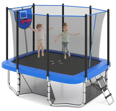 Produktbild von COSTWAY Trampolin, 3 in 1 Kindertrampolin mit Leiter, Basketballkorb, Fußballtor, Sicherheitsnetz & Metallrahmen, Gartentrampolin für Kinder, Blau