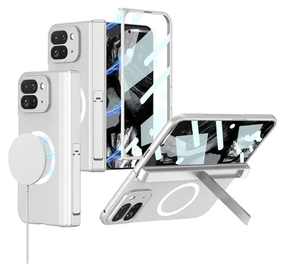 Multiple views of a white phone case with a magnetic charging accessory and a kickstand, presented against a white background.