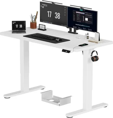Imagen del producto de Escritorio de altura ajustable JUMMCIO, 140x70 cm, escritorio eléctrico estable con tablero de cuatro secciones, mesa de ordenador con función de memoria, escritorio de pie para oficina, color blanco