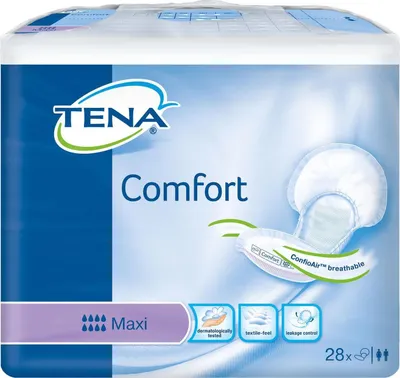 Product packaging for TENA Comfort Maxi incontinence pads.