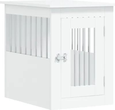 A white wooden dog crate with a slatted door and side panels, shown from a three-quarter front angle.