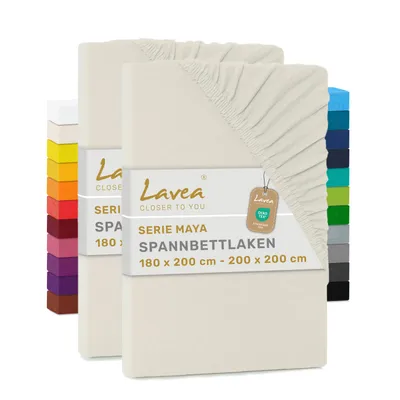 Produktbild von Lavea® 2er Pack Jersey Spannbettlaken 180/200x200 cm, 100% Baumwolle – Weiches Bettlaken für Matratzen bis 20 cm Höhe – Creme Naturweiß