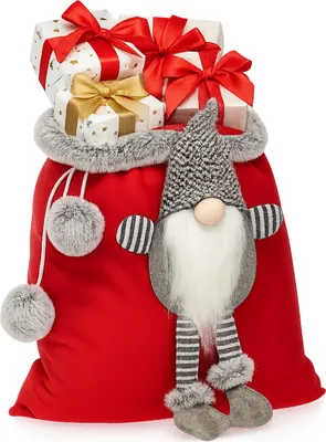 A red Santa sack filled with wrapped gifts and decorated with a gnome figure.