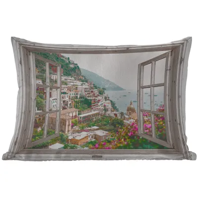 Produktbild von MuchoWow® Outdoor Kissen - Ausblick - Italien - Blumen - Meer - Küste - Stadt - Berge - 60x40 cm - Wetterfest - Lounge Kissen - Zierkissen - Kissen für Innenräume