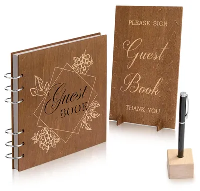 Holz-Gästebuch für Hochzeit, 90 Seiten, mit Stift und Halter