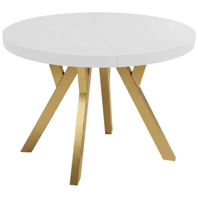Productafbeelding van Eettafel CONVIVIO ADIDARMEBLE, diameter 90 cm, uitschuifbaar tot 130/170 cm, wit decor, gouden poten, 2 inlegplanken van elk 40 cm