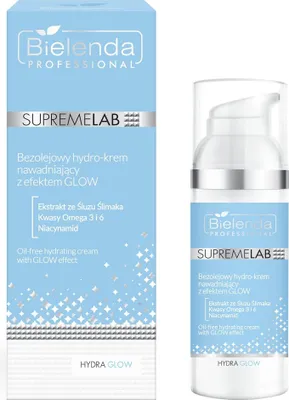 A product shot of a Bielenda SupremeLab Hydra Glow oil-free hydrating cream with its packaging.