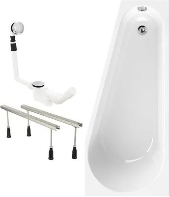 Produktbild von Raumsparende Eckbadewanne 160x70 cm Essential Small, EU, 3in1 Acryl-Badewanne mit Wannenfüßen & Ablaufgarnitur, platzsparende Badewanne linke Ausführung, 160 x 70 cm, Weiß
