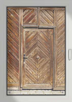 Produktbild von Wallario Lichtschutzbild, Dekorativer Sichtschutz Sonnenschutz 76 x 115 cm mit Motiv: Alte Holztür mit diagonalem Muster - Verdunklung ohne Bohren