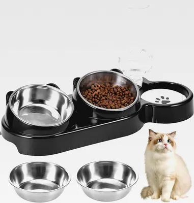 Produktbild von 3-in-1 Katzennapf, Katze Futternapf und Wassernapf-Set, 15°Geneigte Edelstahl Katzennäpfe mit Wasserspender, Erhöhte Katzenfressnapf für Katzen und Kleine Hunde (Schwarz)