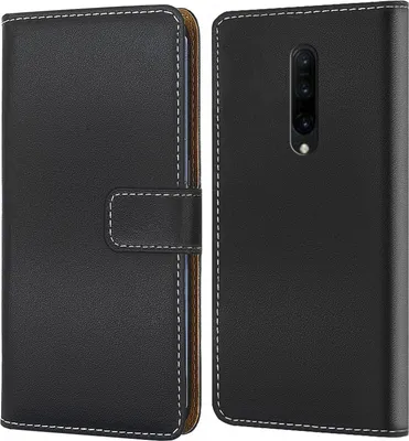 A black flip-style phone case is shown from the front and back.
