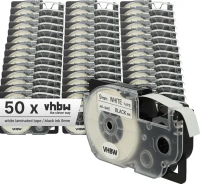 Produktbild von vhbw 50x Schriftband-Kassette Ersatz für Casio XR-9WE1, XR-9WE für Etiketten-Drucker 8m x 9mm Schwarz auf Weiß
